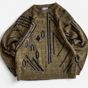 Vintage Le Tigre Yellow & Black Retro Geometric Design Grandpa Pullover Sweater